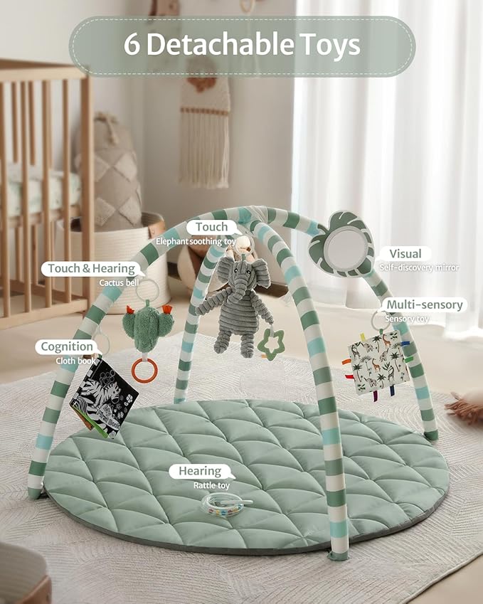 Blissful Diary Waterproof Baby Play Gym Mat, Wipe-Clean Vegan Leather Tummy Time Mat with 6 Detachable Toys, Baby Activity Mat, Sage Green