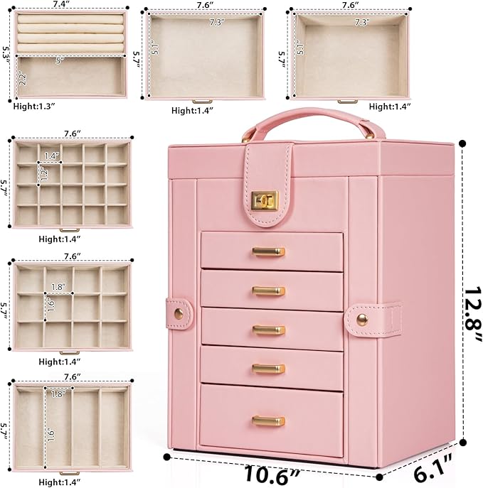 AKOZLIN 6-Tier Jewelry Box Organizer Functional Leather Jewelry Storage Case for Women Girls Ring Necklace Earring Bracelet Holder Organizer with Mirror