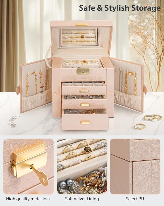 AKOZLIN 4-Tier Jewelry Box Leather Jewelry Storage Organizer with 3 Drawers Lockable for Women Girls Ring Necklace Earring Bracelet Holder with Mirror Champagne