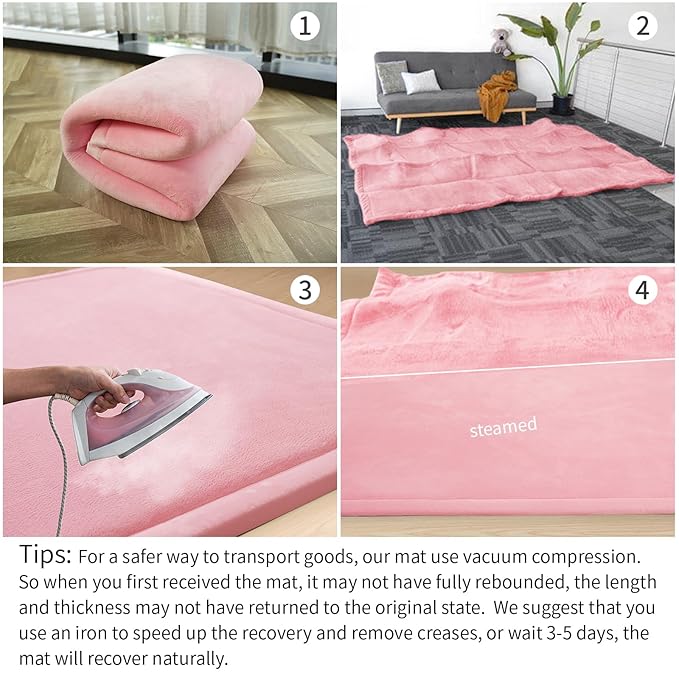 Baby Play Mat for Floor,1.3" Thick Memory foam Tummy Time Mat,79"×158“ Extra Large Soft Coral Velvet Nursery Rug,Non Slip Safe for Crawling,Toddlers,Infants,kids,Tatami Style for Living Room(Pink)