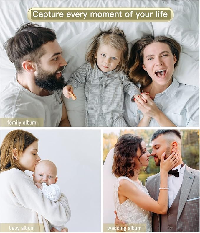 Popotop Photo Album Self Adhesive with Picture Display Window,60 Pages DIY Scrapbooking Supplies Kit for 4x6 10x12 Picture,Linen Cover Memory Book for Baby Wedding, with Scraper and Metallic Pen