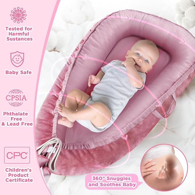 Baby Lounger - Baby Lounger for Newborn 0-24 Months, Breathable & Soft Cotton and Velvet Cover Baby Nest, Portable Tummy Time Lounger for Home and Travel, Ideal Baby Essentials & Shower Gifts