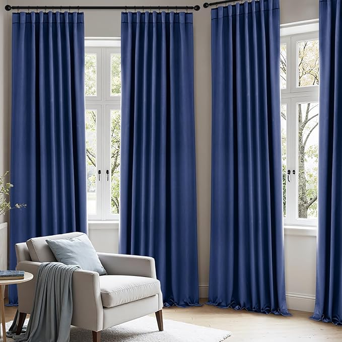 ANRODUO Back Tab Blackout Curtains for Bedroom Living Room, Rod Pocket Pinch Pleated Thermal Insulated Room Darkening Curtains 90 Inches Long 2 Panels, Navy Blue, 42 x 90 Inch