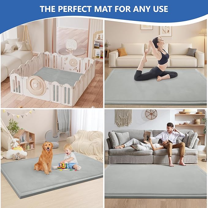 Baby Play Mat for Floor,1.3" Thick Elasti-Foam 74×50 Playpen Mat for Toddlers Infant Kids,Water-Repellent Soft Coral Velvet for Tummy Time, Non-Slip Backing for Crawling,Tatami Style(Light Grey)