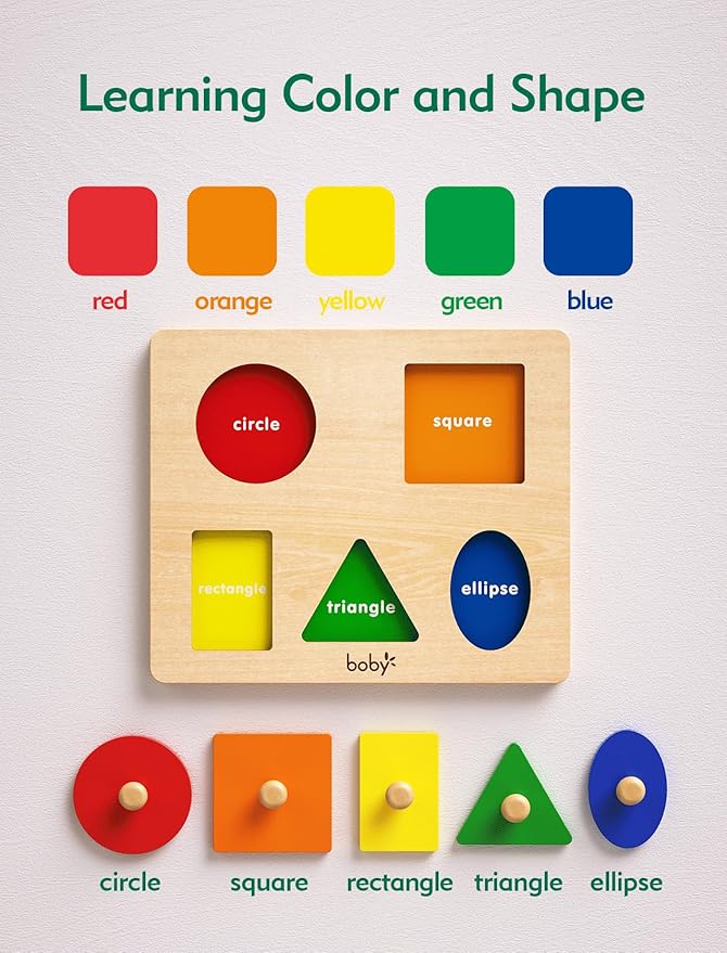 Boby Montessori Wooden Puzzle Board Knob Wooden Puzzle Geometric Shape Puzzle Early Education Material Sensorial Toy for Toddler Shape & Color Sorter (5 Geometry Shape)