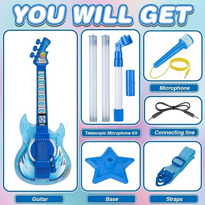 Kids Guitar and Microphone Set, Toy Guitar with Adjustable Volume and Strap, Microphone with Stand and Color Light, Toddler Musical Instrument for 3-5 5-9, Kids Karaoke Machine for Boy Girls(Blue)