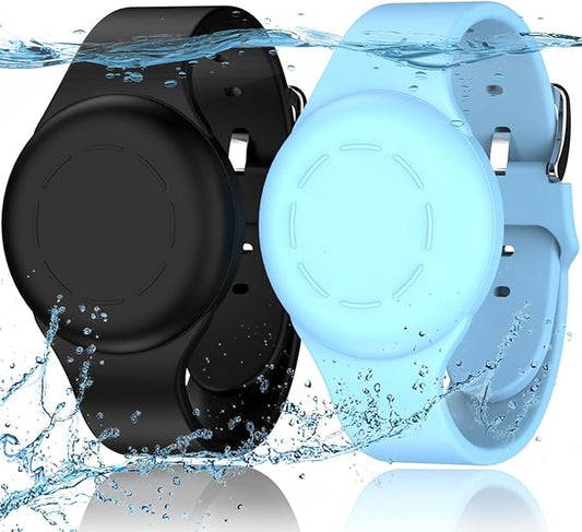 R-fun Portable Electronic Device Cover for Kids, Waterproof Airtag Bracelets [2 Pack] - Soft Silicone, Anti-Lost GPS Item Finders Case Cover, Black/Glow Blue
