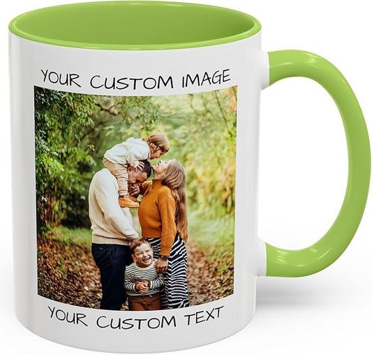 Personalized Coffee Mug – Custom Photo, Text, or Logo Ceramic Mug Tea Cup | Taza Personalizada with Picture or Message | Customized Gift Idea for Men & Women, Mom, Dad, Friends - White/Green | 11oz
