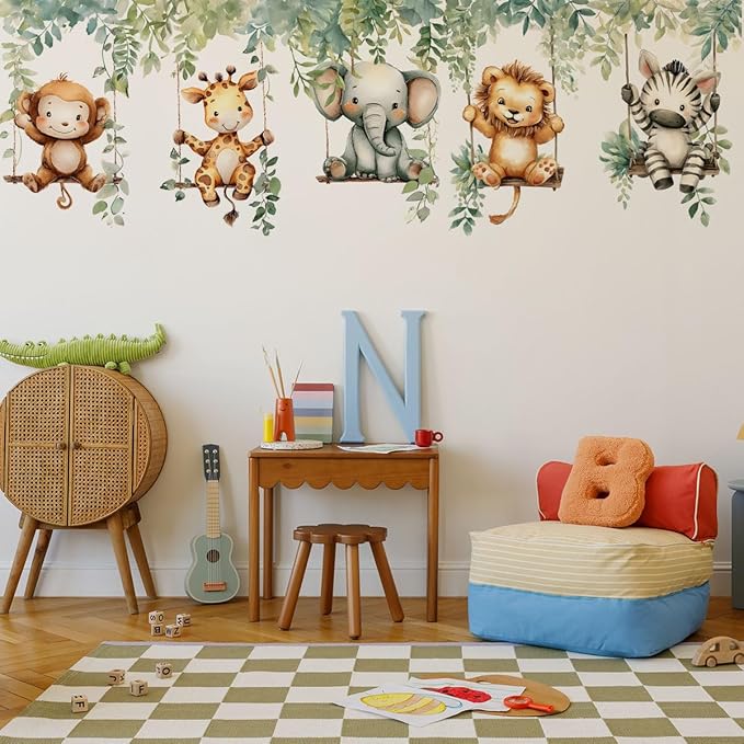 Jungle Animal Wall Decals,Jungle Animals Monkey Elephants, Lions, Zebras, Giraffes Vine Leaves Wall Stickers,Zoo Sticker for Kids Baby Boys Room Nursery Bedroom Playroom Home Decoration.