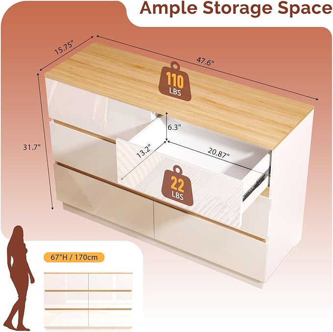 VINGLI White Dresser High Gloss Chest of Drawers, 6 Drawer Dresser for Bedroom, Modern Dressers Wood, Brown Top, 47.2" W x 15.75" D x 31.5" H
