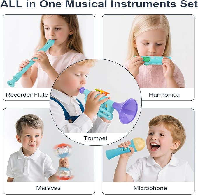 Musical Toys for 2 3 Year Old Boy Girl Birthday Gifts, 5 in 1 Montessori Musical Instruments for Toddlers 2-4 with Trumpet/Microphone/Flute/Harmonica, Preschool Learning Toys for Baby 18+ Months