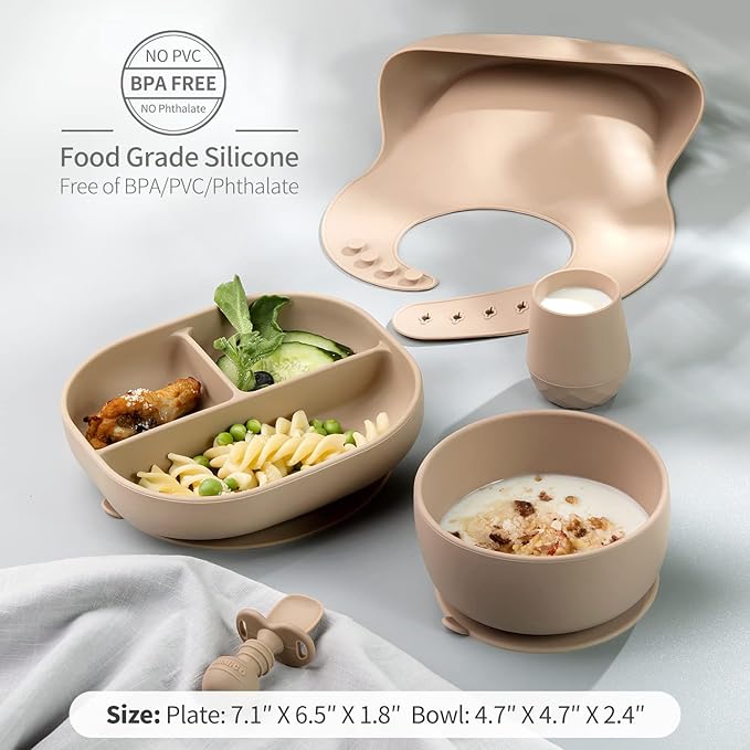 SAMiGO Silicone Baby Feeding Set, Baby Led Weaning Supplies, Suction Bowl Plate Bib Cup Self Feeding Spoons, Solid Food Eating Essentials, First Stage Utensils, 6+ Months