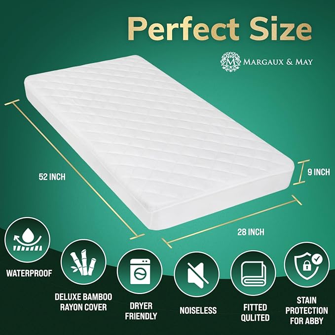 Crib Mattress Protector Pad - Ultra-Soft Waterproof Breathable Premium Bamboo Rayon - Noiseless Fitted Dryer Safe Cover. High Absorbency Oeko-TEX Certified (28 x 52 x 9 inches) MARGAUX & MAY