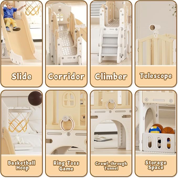 XJD 9 in 1 Toddler Slide Set, Kids Slide for Toddlers Age 1+, Toddler Climber Slide PlaySet with Basketball Hoop and Ball,Outdoor Indoor Playground for Toddlers 1-3 (Beige)