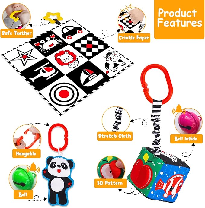 4 PCS Black and White High Contrast Baby Toys 0-3-6 Months Newborn Essential Montessori Toy for Babies Crinkle Sensory Book Brain Development Tummy Time Mirror Infant Carseat Rattle Easter Shower Gift