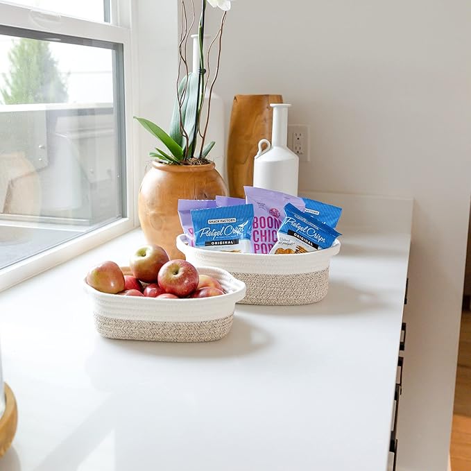 NaturalCozy 5-Piece Rectangle Storage Basket Set- Natural Cotton Rope Woven Baskets for Organizing! Small Basket for Montessori, Baby Nursery, Dog Toy Baskets, Cat Toy Box, Bathroom Organization Bin