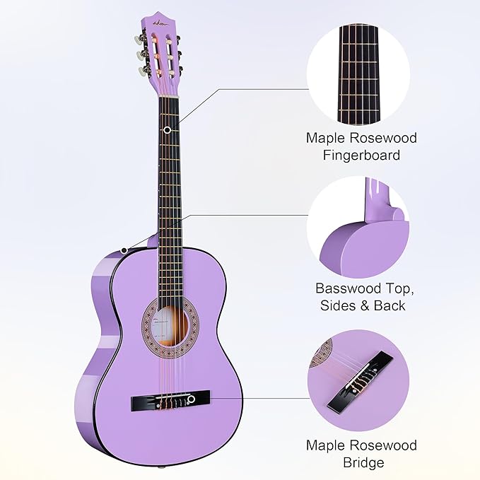 ADM Beginner Acoustic Classical Guitar 38 Inch Nylon Strings Wooden Guitar Bundle Kit for Kid Boy Girl Student Youth Guitarra Online Lessons with Gig Bag, Strap, Tuner, Strings, Purple