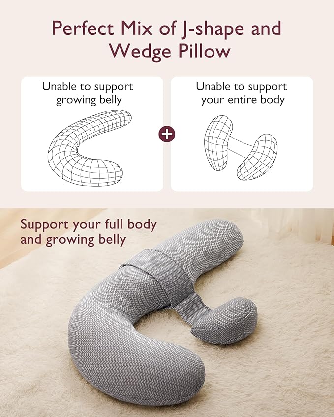 Momcozy Pregnancy Pillows, Original F Shaped, with Air Layer Cover, Grey