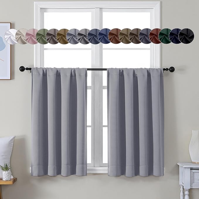 Simplebrand Ava Silver Grey Short 36 Inches Blackout Curtain 2 Panels Set, Half Window Rod Pocket Privacy Curtain Tiers for Kitchen, Curtains Blackout for Bathroom Shades, W40 x L36 Inch, Silver Grey
