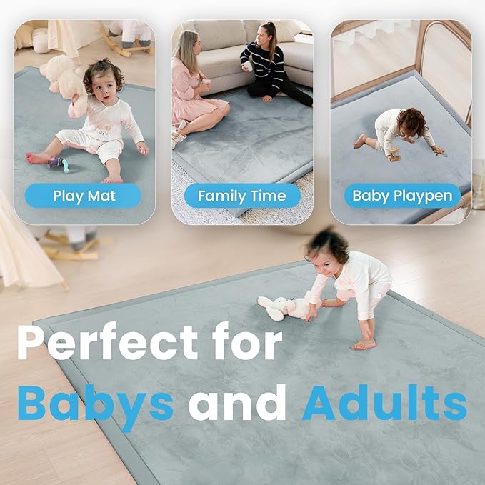 1.3" Thick Baby Play Mat for Floor Playpen, 71x59 Large Foam Tummy Time Mat, Padded Support Soft Plush Nursery Rug for Infant Kids Toddler Crawling Kick Activity (Light Grey)