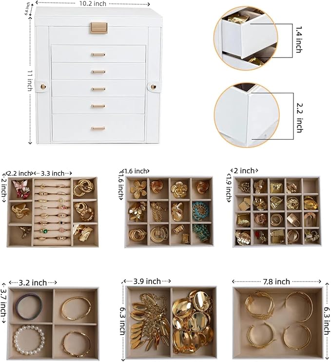 BOOVO Jewelry Box For women, 6 Layer Large Jewelry Organizer With Mirror, Multi-Function Storage Box With Lock, Necklace Holder With 5 Drawers, For Earrings Necklace Bracelet (White and Gold)