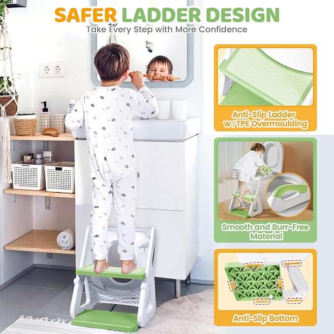 Orzbow 2-IN-1 Potty Training Seat with Step Stool, Height Adjustable Toilet Seat for Toddler, Potty Training with Splash Guard for Kids Boys Girls, Stability Ladder and Anti-Slip Pad, Green