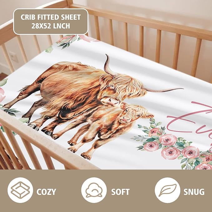 Custom Name Crib Bedding Set - Highland Cow Design, Personalized Floral Nursery Bedding 3-Piece Set– Soft Blanket, Fitted Sheet, Changing Pad Cover – for Newborns Girls Nursery Gifts
