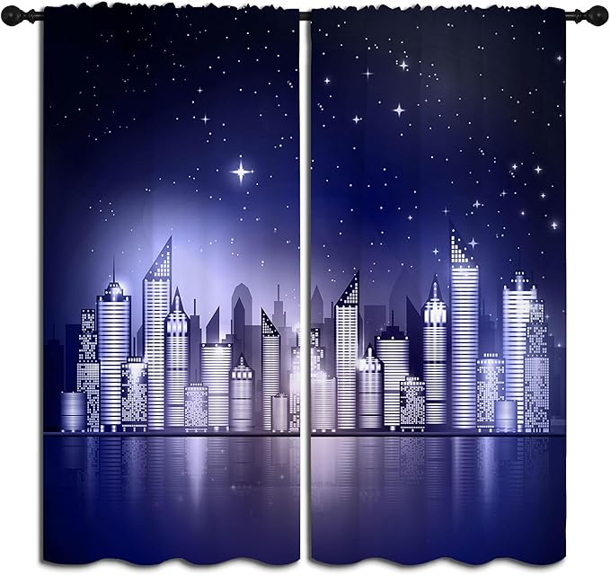 City Rod Pocket Blackout Curtains for Boy Girl Bedroom, New York Skyline Modern City Starry Sky Night View Thermal Insulated Home Window Drapes for Living Room Darkening, 42x45 inch