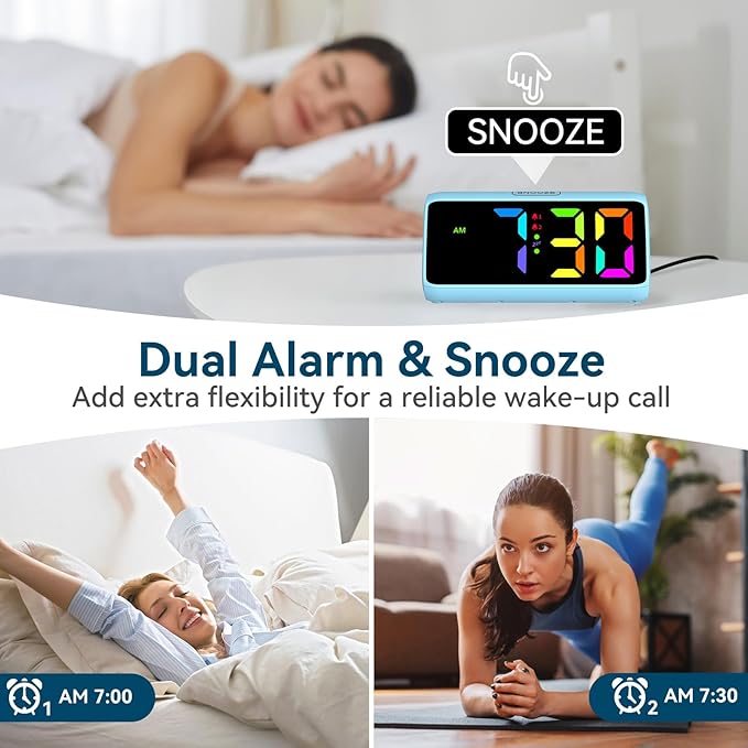 Netzu Loud Alarm Clock for Heavy Sleepers, RGB Alarm Clocks for Bedrooms Seniors Kids, Plug in Digital Clock with 5 Dimmers, 2 Alarms, 4 Volumes and Snooze