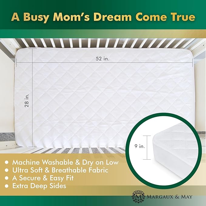 Crib Mattress Protector Pad 2 Pack - Ultra-Soft Waterproof Breathable Premium Bamboo Rayon - Noiseless Fitted Dryer Safe Cover for Crib. High Absorbency Oeko-TEX Certified MARGAUX & MAY