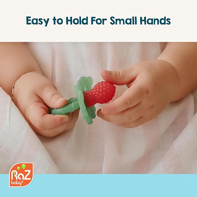 RaZbaby RaZberry Silicone Teether Pacifier – Teething Relief for Infants, Food-Grade, BPA-Free, Hands-Free, Natural Berrybumps Fruit Texture for Sensory Development, Freezable, 2-Pack - Tan & Grey