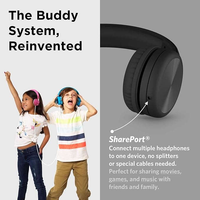LilGadgets Connect+ Pro Wired Kids Headphones for School w/Microphone, Volume Limiting & Noise Reduction Over-Ear Headset w/Cord, SharePort Technology & SoftTouch Padding, Black Headphones for Kids
