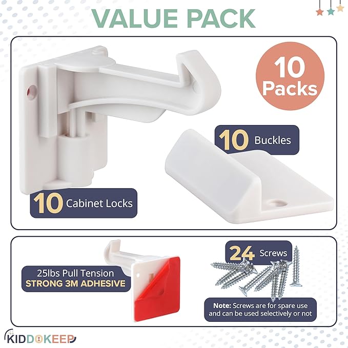 Upgraded Baby Proofing Cabinet Latches for Toddlers - 10 Pcs White Child Proof Cabinet Locks for Child Safety, Easy Set Up Child Locks for Cabinets and Drawers Security for Baby Proof Pantry