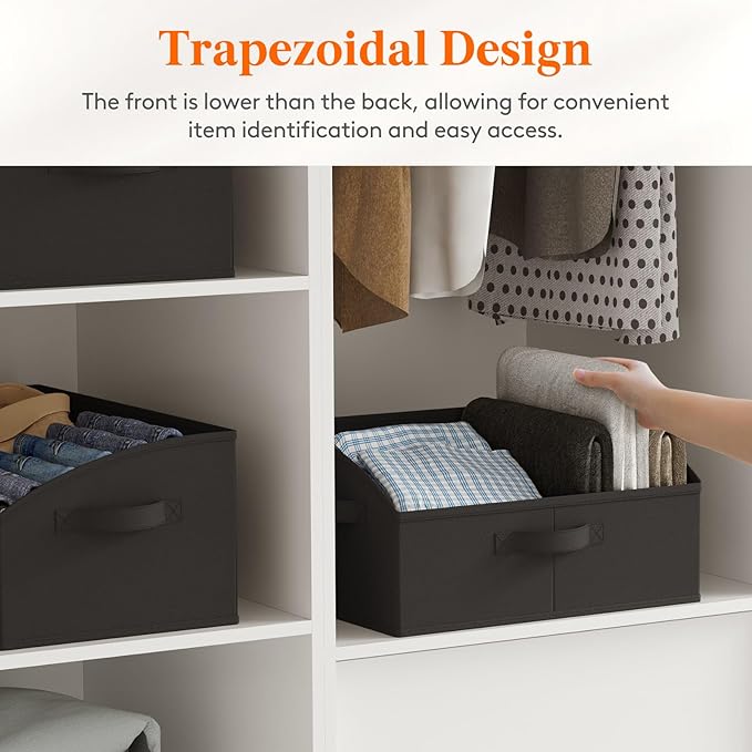 Lifewit Storage Baskets for Shelves, 6 Packs Non-woven Fabric Trapezoid Closet Organizer Bins with Handles, Foldable Clothing Containers Box for Clothes, Toy, Towel, Book, DVD, Hats, Medium-Black