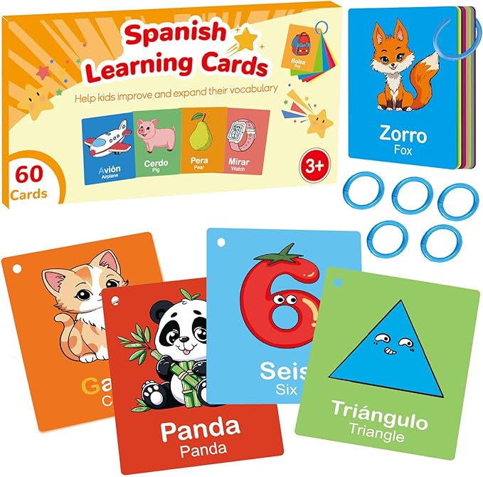 Toddler Spanish Learning Flash Cards, 60 PCS Double Sides Bilingual Flashcards for Numbers, Colors, Shapes, Sight Words, Learn Spanish for Kids, Preschool Kindergarten Learning Activities