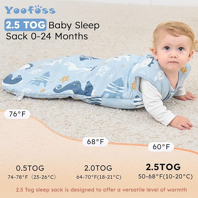 Yoofoss Baby Sleep Sack 6-12 Months, TOG 2.5 Baby Wearable Blanket with 2-Way Zipper, 100% Organic Cotton Fabric Winter Newborn Sleeping Sack, Warm Soft Comfy