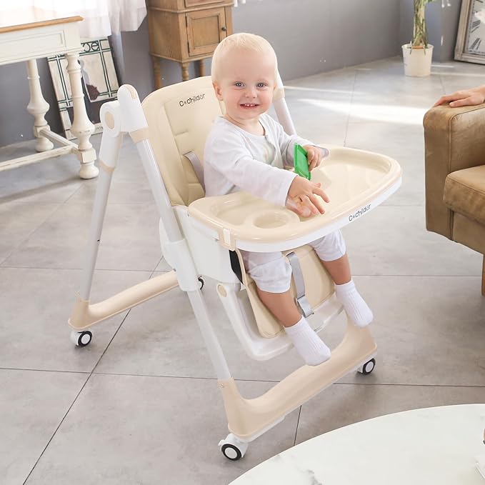 3-in-1 Foldable High Chair for Babies & Toddlers – Adjustable Height, Reclining Seat, 5-Point Safety Harness, Removable Tray, Lockable Wheels and Washable Cushion, Beige