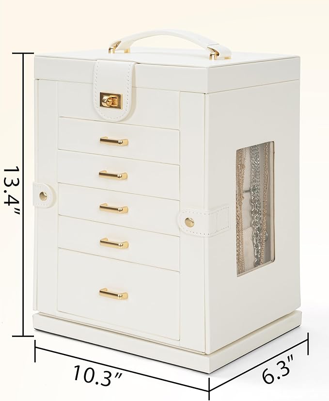 AKOZLIN Jewelry Box 6-Tier Organizer Functional 360° Rotating Jewelry Storage Case for Women Girls Ring Necklace Earring Bracelet Holder with Mirror