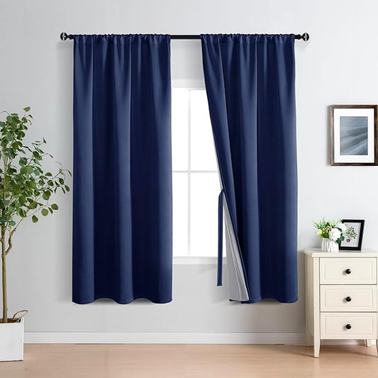 XWZO Full Shading Blackout Curtains 72 Inches Length - Heat and Light Blocking Rod Pocket Window Drapes with Black Liner Backing for Bedroom Sewn with Tiebacks, Navy Blue, W42 x L72, Set of 2