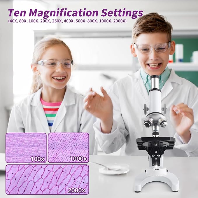 Microscope for Adults Kids, 40X-2000X Microscope Kit with Adjustable Brightness LED, Slides, Biological Compound Microscopes for School Lab Home Education, Gifts for Children Students