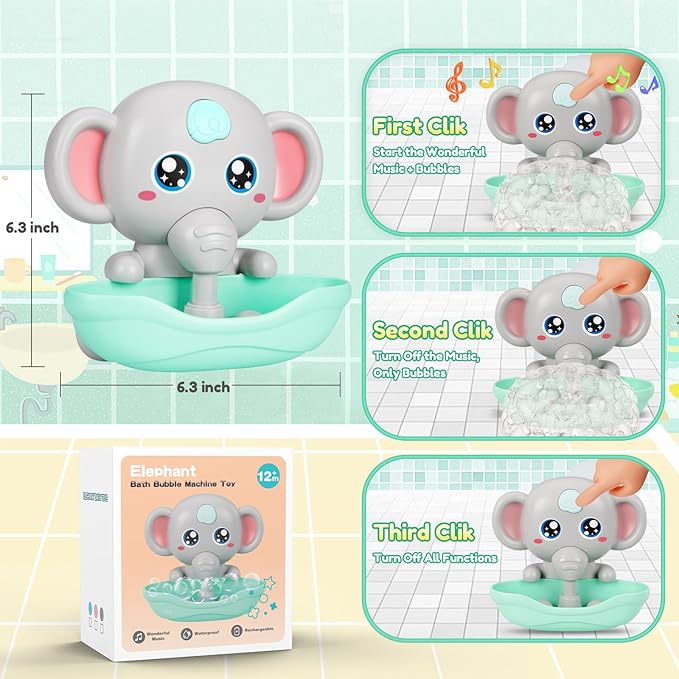 Baby Bath Toys, Magnetic Charging Music Bath Bubble Machine, Elephant Bubble Maker for Kids Ages 1-3 4-8, Toddler Bathtub Toy Gift for Boys and Girls (Grey)