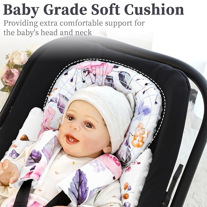 Pea Pod Infant Car Seat Insert with 3 Strap Covers, 3 in 1 Reversible Floral Baby Car Seat Head Support for Newborn, 3D Soft Minky Carseat Cushion for Preemie to Infant, Stroller, Swing, Bouncer
