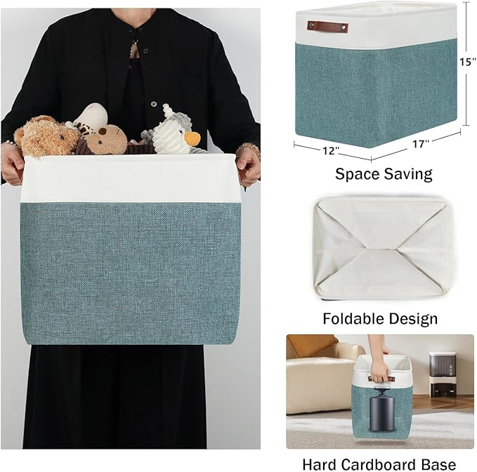 DULLEMELO Extra Large Storage Baskets,Fabric Storage Bins with Handles for Home,Office,Closet,Clothes,Foldable Storage Bins for Closet, White&Dark Green 2-Pack