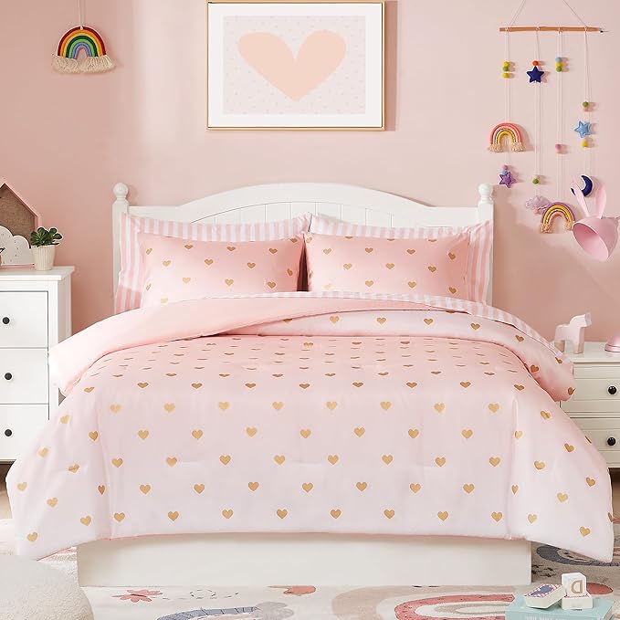Queen Comforter Set with Sheets for Girls-7 Pieces Queen Bedding Sets with Pink Comforter, Sheets, Pillowcases & Shams for Kids (Pink Gold Heart, 90" X 90")