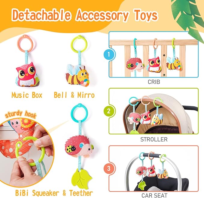 Jollybaby Crib Stroller Car Seat Toys for Baby 0-3-6-9-12 Months, Tummy Time Hanging Sensory Toys for Newborn with Music Box and Teether, Spiral Carseat Toy for Infant Boys Girls Gifts (Yellow)