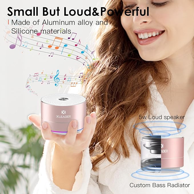 Mini Bluetooth Shower Speaker, IPX6 Waterproof Speaker, with RGB Lights, Mic, Portable Silicone Lanyard, Suction Cup, Clear Sound&Rich Bass, 12h Playtime, Small Pink Gifts for Girls Women