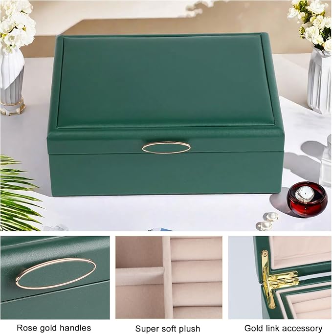 Small Jewelry Organizer for Women, 2-Layer Travel Jewelry Box with Portable Case, Necklace Ring Storage for Dresser, Girls Teens Gifts (Green)