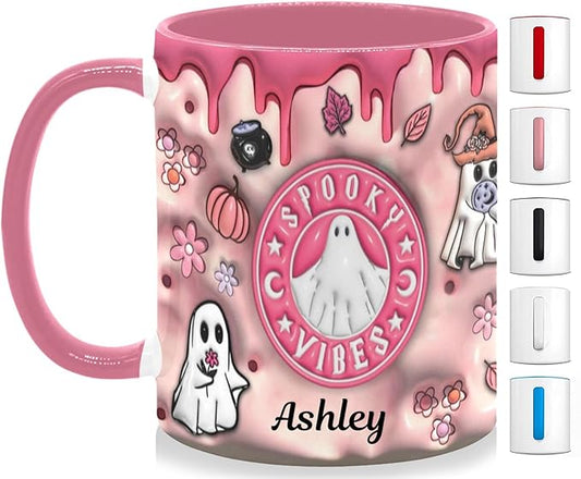 Personalized Halloween Coffee Mug with Names, Pumpkin Coffee Cup, Custom Ghost Ceramic Coffee Mug, Spooky Vibes Trick Or Treat Halloween Accent Mug, Spooky Season Gift for Women Her 11 Oz
