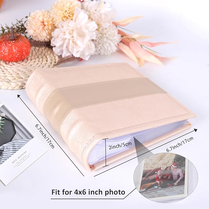 RECUTMS Photo Album 4x6 with Writing Space 100 Photos Photo Book, Leather Cover Picture Album with Memo Areas for Wedding Anniversary Family Baby Couple Valentines Graduation Travel (Beige)