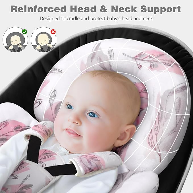 Upgraded Infant Car Seat Insert, 2-in-1 Reversible Baby Car Seat Head Support with 3 Strap Covers, All Seasons Newborn Car Seat Insert and Baby Carseat Cushion for Stroller, Swing, Rocker, Bassinets